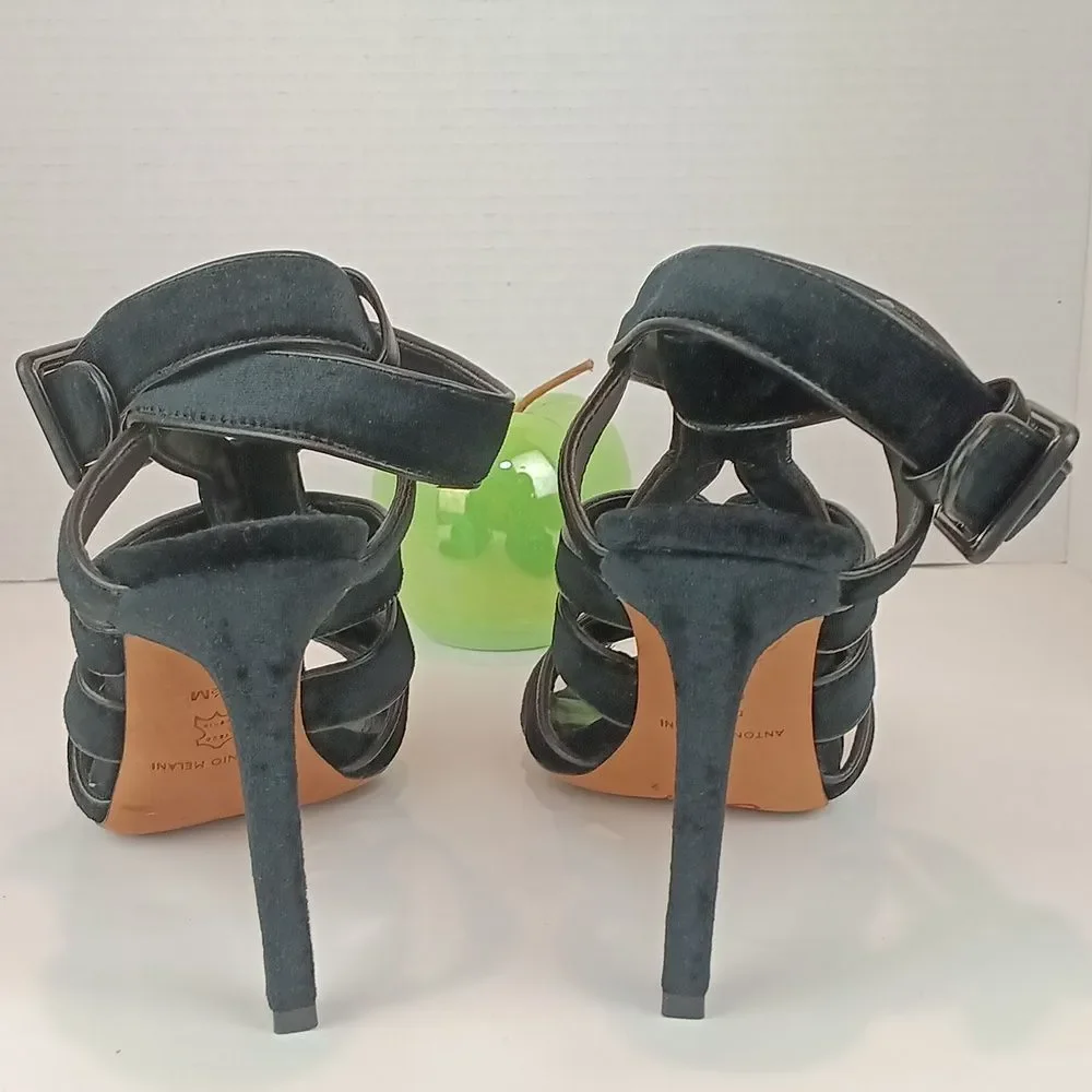 ANTONIO MELANI Aveet Women Black Strappy Velvet Open Toe Heels sx 8.5 M